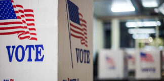 Democracy’s Loophole Just Got Much Bigger Voting booths with American flags in a polling station