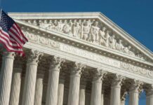 Congress Control Shifted In Courtrooms United States Supreme Court facade with flag and Corinthian columns