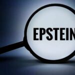 A magnifying glass highlighting the word 'EPSTEIN' against a dark background
