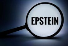 A magnifying glass highlighting the word 'EPSTEIN' against a dark background