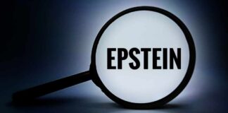 A magnifying glass highlighting the word 'EPSTEIN' against a dark background