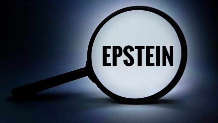 A magnifying glass highlighting the word 'EPSTEIN' against a dark background