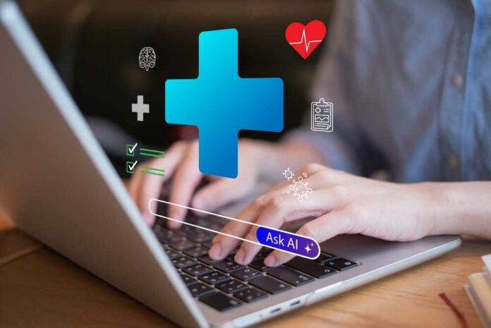 Person typing on a laptop with health-related icons displayed