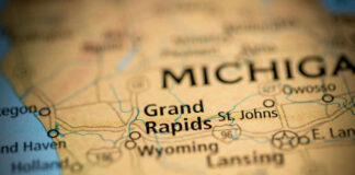 Mystery Surrounds Senator’s Alleged Debt Close-up of a map showing Grand Rapids and surrounding areas in Michigan