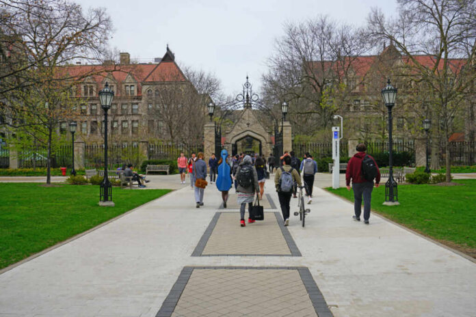 shutterstock1512492941jpg Students walking along a pathway on a university campus with historic buildings in the background