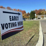 Sign indicating early voting location with autumn trees in the background