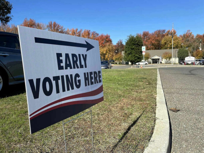 shutterstock2220013291jpg Sign indicating early voting location with autumn trees in the background