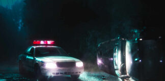 Father Dead, Questions Explode Nationwide A police car with flashing lights at the scene of a flipped vehicle accident