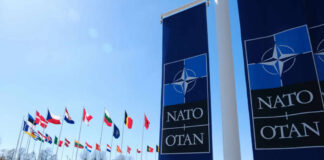 NATO Rift Erupts Over Trump Demands NATO flags displayed in front of the NATO headquarters under a clear blue sky