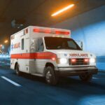 Ambulance driving through a tunnel with emergency lights on