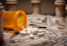 Budget Squeeze Coming For Medicare Drug Plans Prescription pill bottle and white tablets on scattered US dollar bills