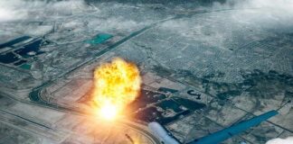 military drone launching missile over cityscape