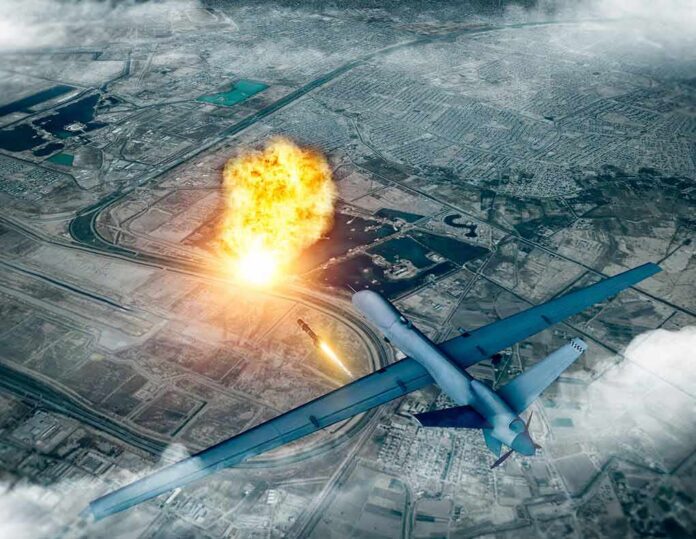 shutterstock_1604958805 military drone launching missile over cityscape