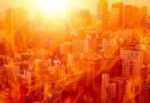 West Faces Relentless Heat Dome City skyline under intense heat with flames overlay