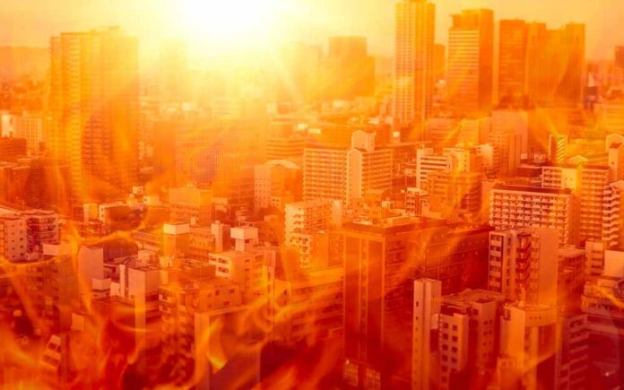 Extreme,High,Temperature,Hot,City,Environment,Urban,Cityscape,Fire,Burn City skyline under intense heat with flames overlay