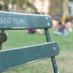 Green metal park chair with people relaxing on a lawn in the background