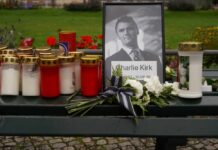 Charlie Kirk Case Enters Critical Phase Memorial setup with candles, flowers, and a framed photograph
