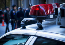 New York Crime Picture Grows Complicated Close-up of a police car with red lights and officers in the background