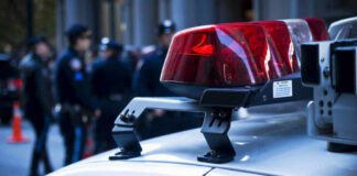 New York Crime Picture Grows Complicated Close-up of a police car with red lights and officers in the background