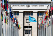 U.N. Warns Of Sudan Atrocity Threat United Nations building with multiple international flags in front