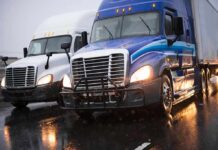 Highway Operation Targets Illegal Truck Drivers Two semi trucks driving side by side on a wet highway
