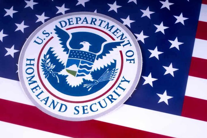 U.S. Department of Homeland Security seal on American flag