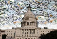 U.S. Capitol building with overlay of hundred-dollar bills