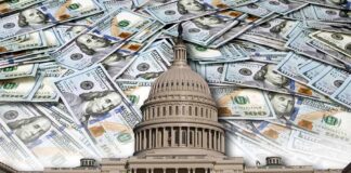 U.S. Capitol building with overlay of hundred-dollar bills