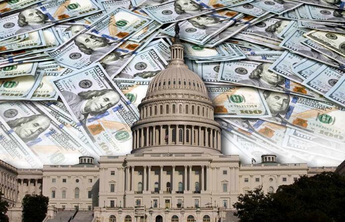 U.S. Capitol building with overlay of hundred-dollar bills