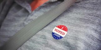 How One Fake Citizen Beat The System I voted sticker on a gray shirt under a seat belt