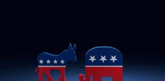 Donkey and elephant symbols facing each other