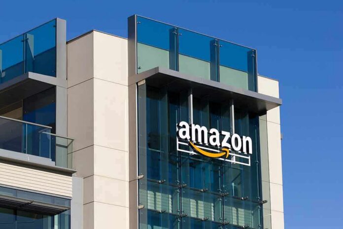 shutterstock_1649472190 amazon logo on modern glass office building