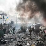 Russia Closes Door On Near-Term Talks A chaotic protest scene with smoke, fire, and people holding flags