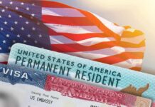 U.S. flag with visa and permanent resident cards