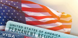 Asylum Move Triggers Historic Visa Crackdown U.S. flag with visa and permanent resident cards