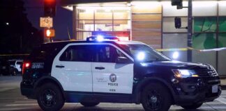 Loot Mobs Exploit LA’s Open Intersections Police SUV blocks an intersection at night with lights flashing