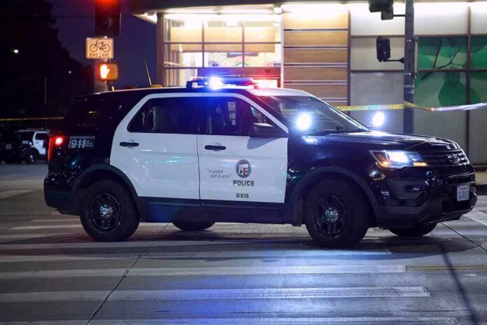 shutterstock_1962181327 Police SUV blocks an intersection at night with lights flashing