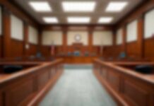Empty courtroom with wooden benches and judge's bench