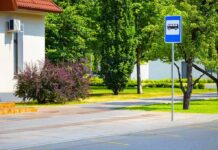 Bus stop sign by a tree-lined street