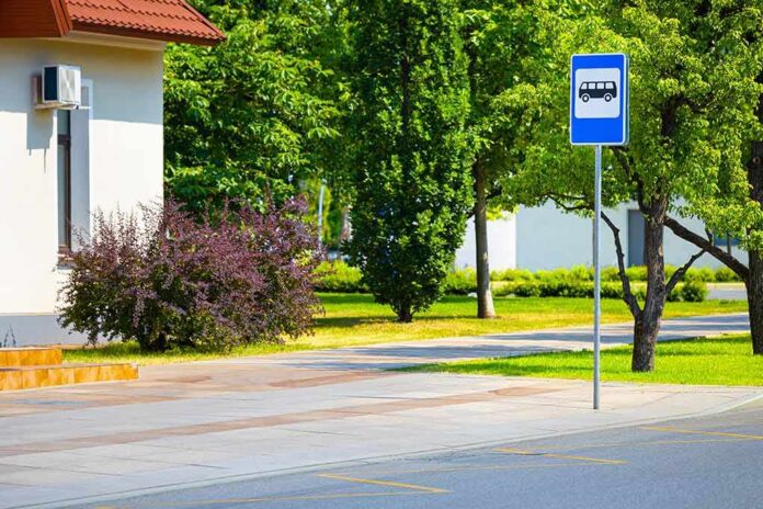 Bus stop sign by a tree-lined street