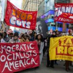 DSA Plan Nukes Checks And Balances Protesters holding large banners at a city street demonstration