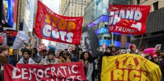 DSA Plan Nukes Checks And Balances Protesters holding large banners at a city street demonstration