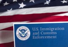 U.S. ICE document against American flag
