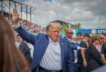 Ballot Bombshell: Trump Dares Voters Person in blue suit waving at outdoor event.