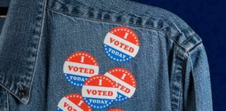 Election Fraud STING Hits California denim jacket with multiple red white and blue voting stickers