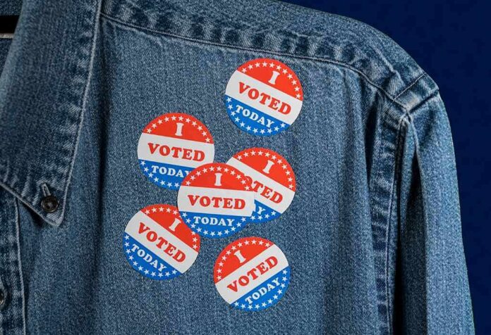 denim jacket with multiple red white and blue voting stickers