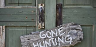 Weathered wooden sign on green door