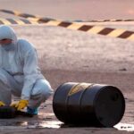 Hazmat worker kneeling near a fallen barrel at a cordoned-off site