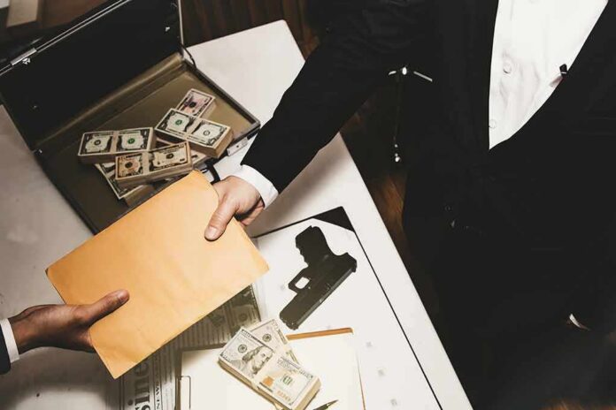 Two people exchange a manila envelope over a table with cash and a handgun