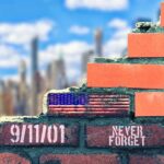 Raw 9/11 Confession Stuns After 25 Years Brick wall with American flag and memorial text against city skyline